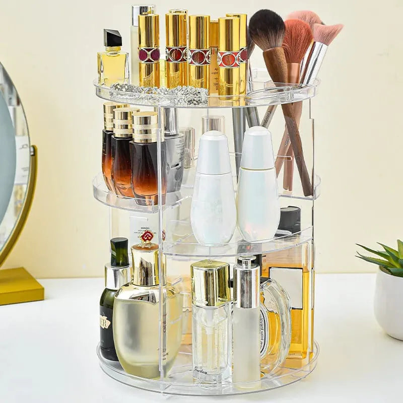 360° Rotating Acrylic Makeup Organizer – Multi-Compartment Cosmetic Storage Stand