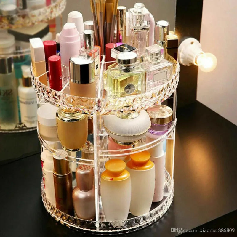 360° Rotating Acrylic Makeup Organizer – Multi-Compartment Cosmetic Storage Stand