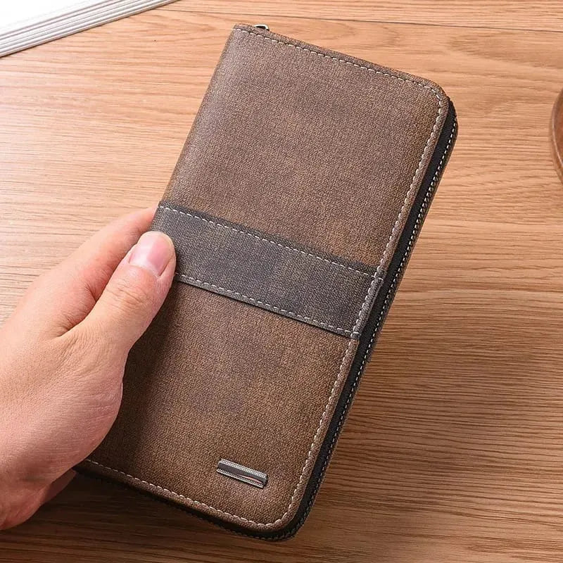 Mens`s Long Zippered Leather Wallet Multi-Functional  Large Capacity Card Holder Hand Purse