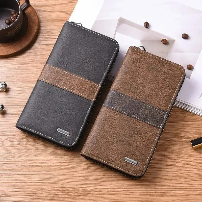 Mens`s Long Zippered Leather Wallet Multi-Functional  Large Capacity Card Holder Hand Purse