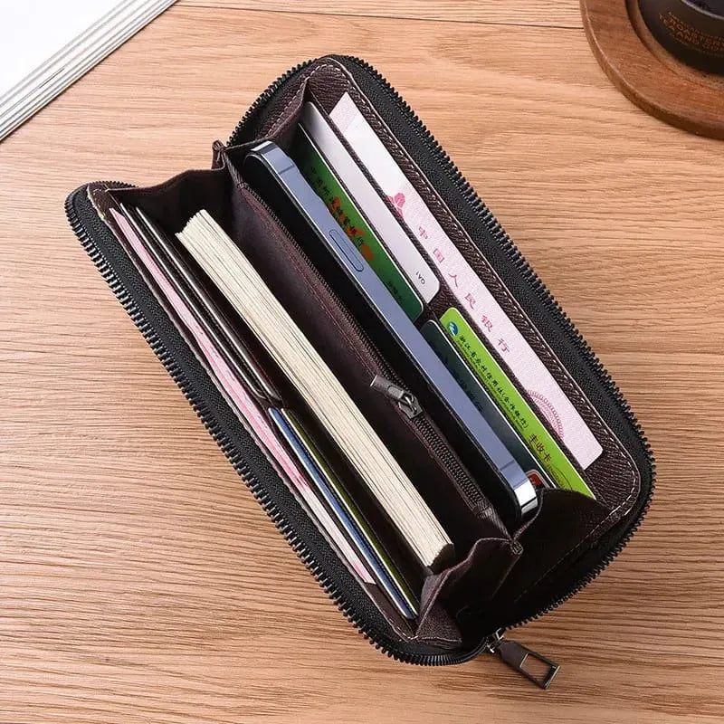 Mens`s Long Zippered Leather Wallet Multi-Functional  Large Capacity Card Holder Hand Purse