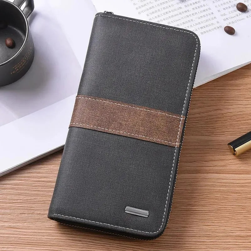 Mens`s Long Zippered Leather Wallet Multi-Functional  Large Capacity Card Holder Hand Purse